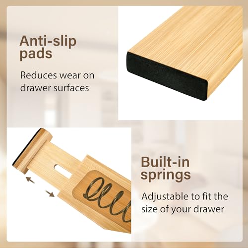 Natural Bamboo Drawer Dividers Set - Adjustable Expandable Organizer 8 Pack (16.9-22.2 Inches) - 2.3 Inch High