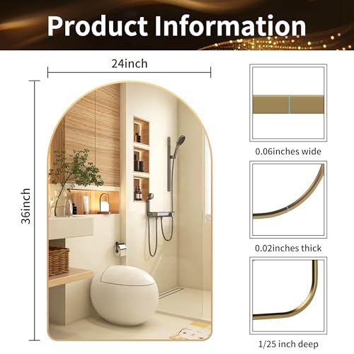 MYlovelylands 36x24 Gold Arched Bathroom Mirror - Tempered Glass, Wall Mount