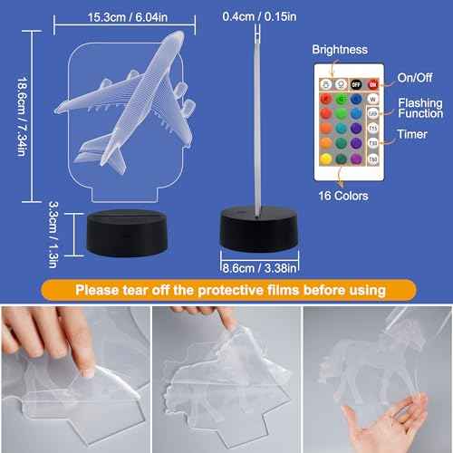 Aircraft Airplane 3D Night Light Kids Bedside Lamp 16 Colors Changing with Remote Control Xmas Halloween Birthday Gift for Child Baby Boy