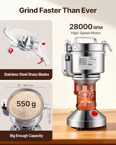 VEVOR 550g Commercial Electric Grain Mill Grinder 2000W Stainless Steel Spice Pulverizer