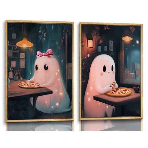 2Pcs Halloween Canvas Wall Art Pink Academic Romantic Ghost Posters Prints Cute Ghost Restaurant Eating Pizza Pictures Wall Decor for Living room Restaurant Kitchen Decoration Unframed