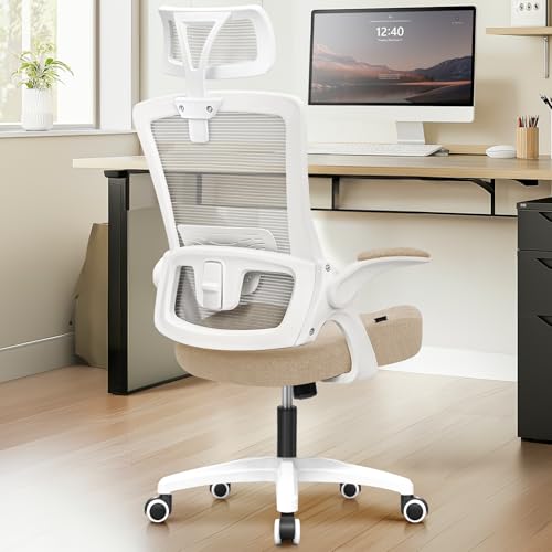 Ergonomic Office Desk Chair with Mesh Headrest & Flip-Up Armrests - Beige