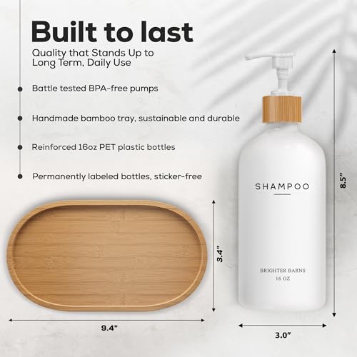 White Shampoo and Conditioner Dispenser Set with Pump & Tray - Bathroom Decor