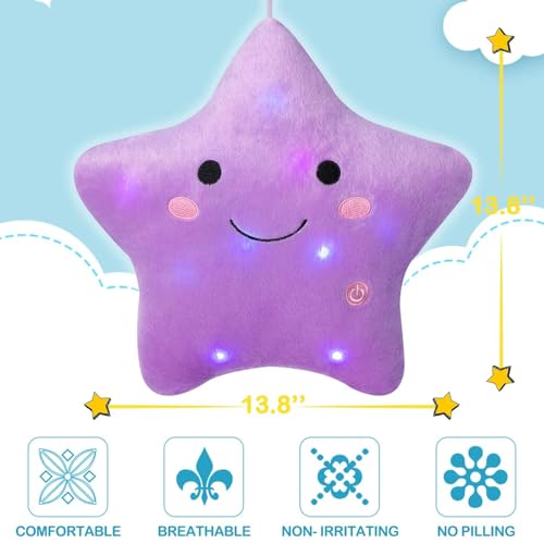 DearSun 13''Creative Twinkle Star Colorful Night Light Plush Pillows Light up Night Stuffed Toys Perfect for Birthday Christmas Holiday Valentines (Purple)