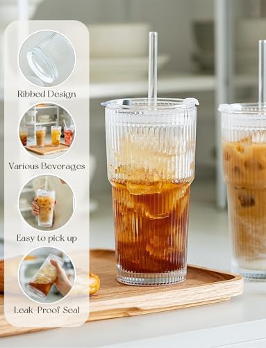 MINGHYZYA 20 OZ Iced Coffee Cup With Glass Lids and Straws,High Borosilicate Glass Tumbler Cup Reusable Wide Mouth Smoothie Cups(Clear,1cup)…