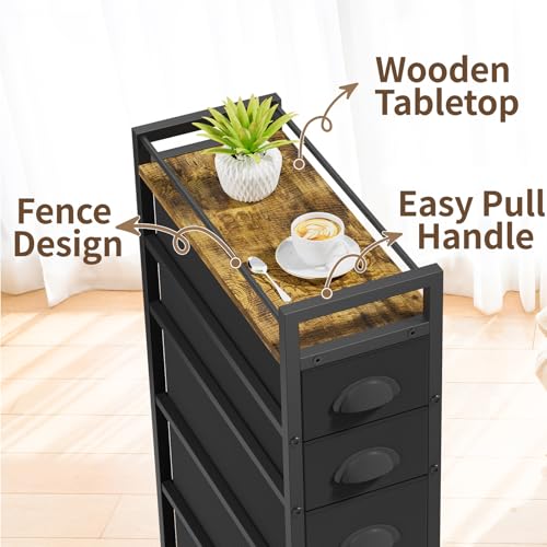 LASZOLA Narrow Slim Bathroom Storage Cabinet with 5 Fabric Drawers - Black, 29.5-33.5"H, Adjustable Feet & Top Shelf