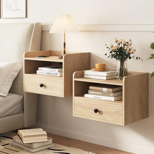 HOSEOKA Natural Floating Nightstand Set of 2 with Drawer & USB Ports