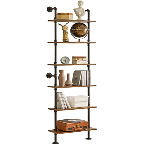 Industrial Pipe Ladder Shelf 6-Tier Wall Mounted Bookcase without Towel Holder - Rustic Brown