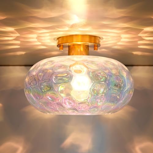 11-Inch Brass Gold Semi Flush Ceiling Light with Stained Glass Shade - Modern Close to Ceiling Fixture