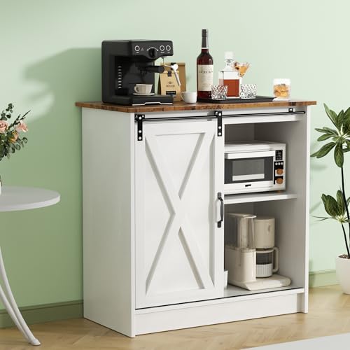 White Farmhouse Coffee Bar Cabinet with Sliding Barn Door and Storage