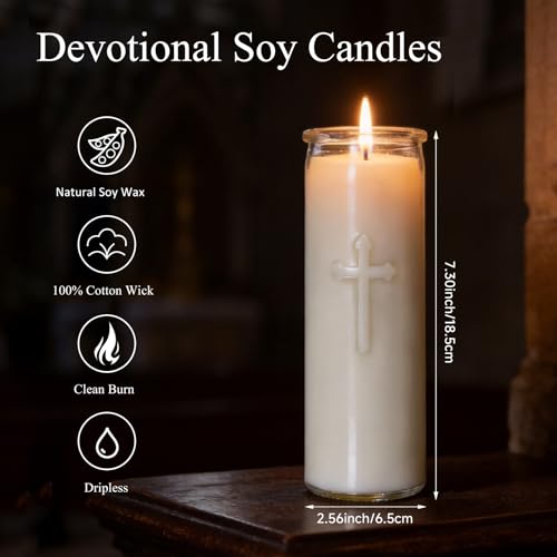 White 7-Day Soy Prayer Candles in Glass - 12 Pack, Unscented, 150-Hour Burn Time, Large Devotional Pillar for Religious Use - Variation of White / 12PCS