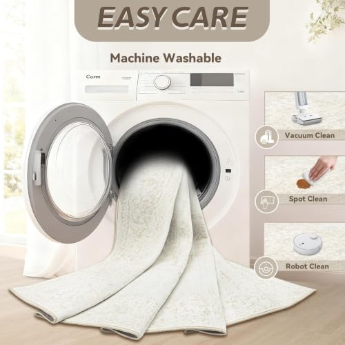 Beige 8x10 Washable Vintage Area Rug - Non-Slip Low Pile Carpet for Living Room