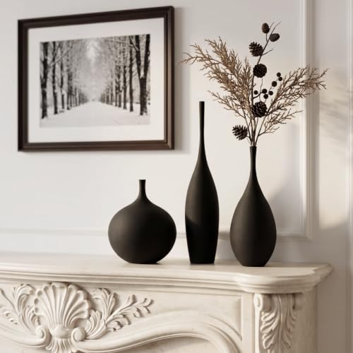 Black Ceramic Vase Set of 3 - Modern Boho Matte Minimalist Home Decor