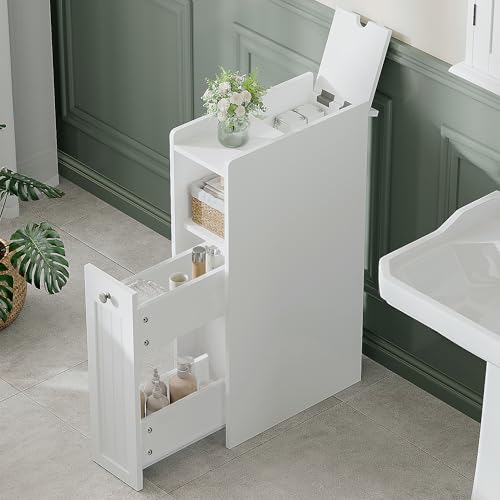 White Slim Bathroom Storage Cabinet with Slide-Out Drawers - ChooChoo