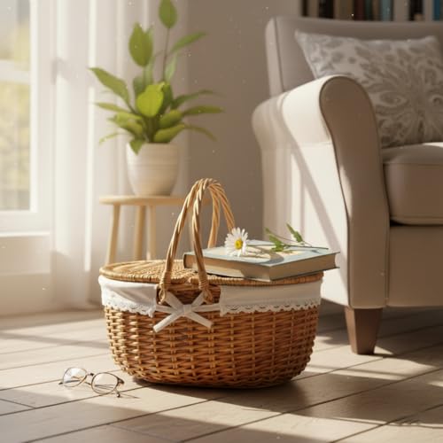 Wicker Picnic Basket with Lid and Handle - 15 Inch Solid Woven Body for Outdoor Camping & Easter
