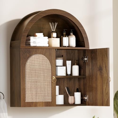 Curlaky Walnut Arched Bathroom Wall Cabinet with Rattan Doors