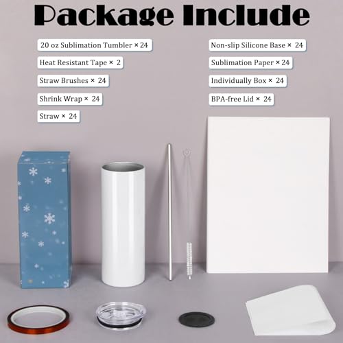 24 Pack 20oz Sublimation Tumblers Bulk Stainless Steel with Lid & Straw - Individually Boxed