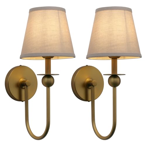 Set of 2 Brass Linen Fabric Shade Wall Sconces - Antique Industrial Style