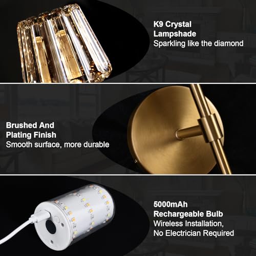 Amber Rechargeable Crystal Wall Sconce Set of 2 with Remote, Dimmable 12 Color Modes, Battery Operated LED Wall Lights for Bedroom & Living Room