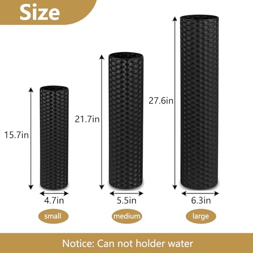 Set of 3 Black Tall Metal Floor Vases with Honeycomb Texture - Modern Decor
