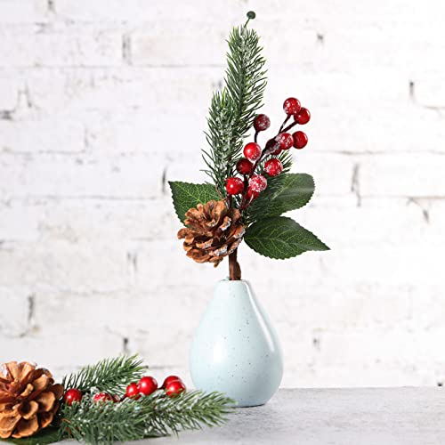 Boao 12 Pcs 11'' Large Christmas Pine Picks - Snowy Leaves, Holly Berries & Pine Cones