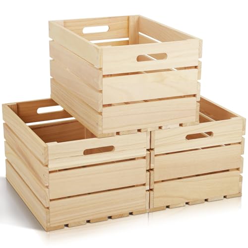 Natural Wood 3 Pack Large Wooden Storage Crates 16 x 12 x 9.5 Inches - Unfinished Rustic Organizer