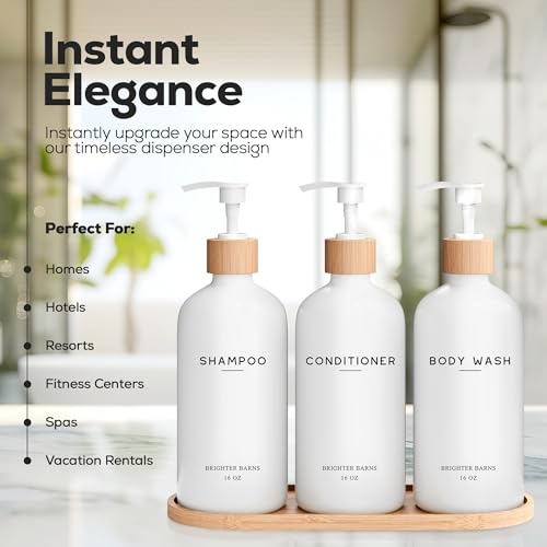 White Shampoo and Conditioner Dispenser Set with Pump & Tray - Bathroom Decor