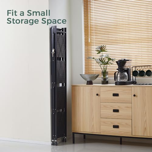Black 5-Tier Folding Rolling Bookcase with Wheels - Heavy Duty Metal Shelving