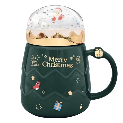 Peclek Green 17.6 oz Christmas Mug with Snow Globe Lid - Festive Ceramic Coffee Cup