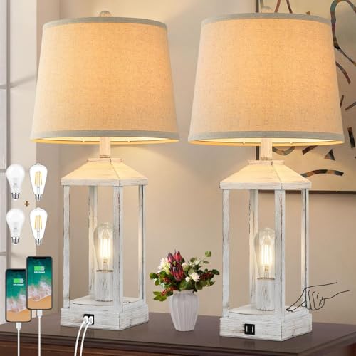 Set of 2 Farmhouse Table Lamps with USB Ports, Dimmable Nightstand Lamps for Bedroom & Living Room