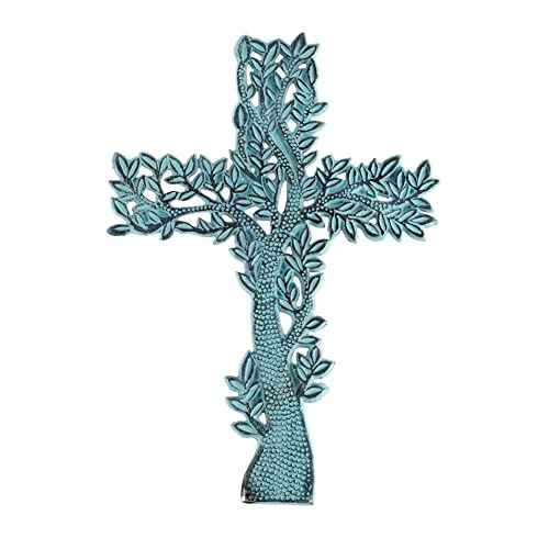 PURESTORY 11 x 8 Inch Tree Decorative Wall Cross Metal Decorations For Home.Religious Metal Hanging Cross Wall Decor.Metal Cross Wall Decor Art for Home - Antique Blue