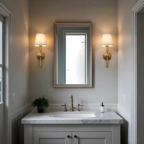 JIMUBEAM Brass Wall Sconces Set of Two with Linen Fabric Shades - E26 Vanity Bathroom Lights, Hardwired Indoor Wall Lamps - Brass_2 Pack