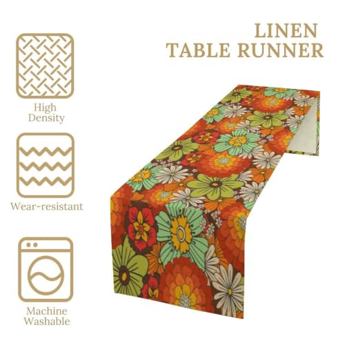 SHElifestyle W13" x L36" Orange-13 Retro Floral Table Runner – Vintage Boho Linen Look