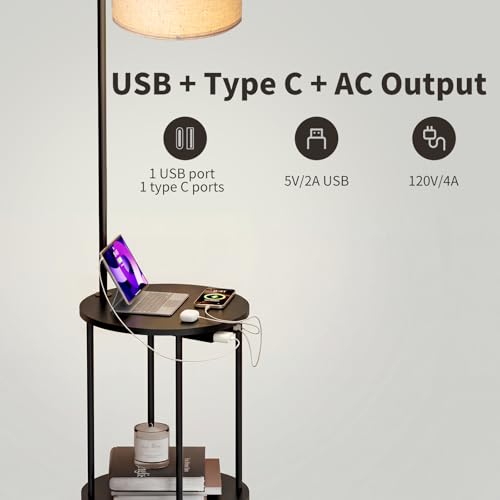 ONEWISH Black Floor Lamp with Table and USB-C Charging Ports - Modern Nightstand & Reading Light