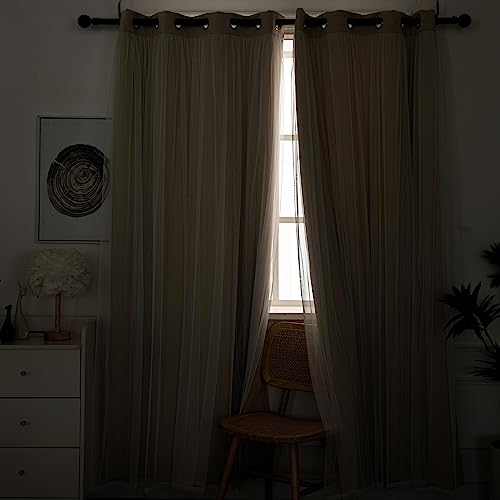 INLINAS Blackout Curtains with Sheer Overlay Beige 52x96 Inches Pack of 2