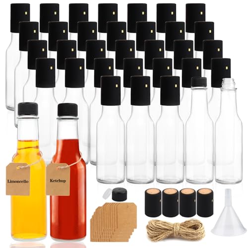 GUANENA 35 Pack 5oz Hot Sauce Bottles with Black Caps & Shrink Capsules, Clear Glass Woozy Bottles + Funnel & Twine
