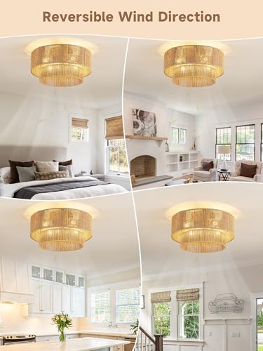 Ahtytjh Gold Boho Caged Ceiling Fan with Light Flush Mount & Handwoven Rattan