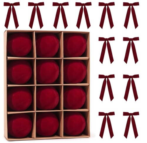 Hanmere 24 PCS Burgundy Velvet Christmas Ornaments with Bows - 12 Balls + 12 Bows (Variation: Burgundy1)
