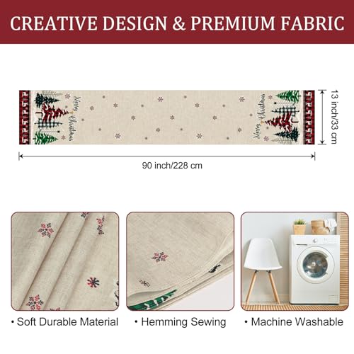 Bonhause Merry Christmas Trees Buffalo Plaid Table Runner 13x90in - Snowflake Deer Seasonal Holiday Decor