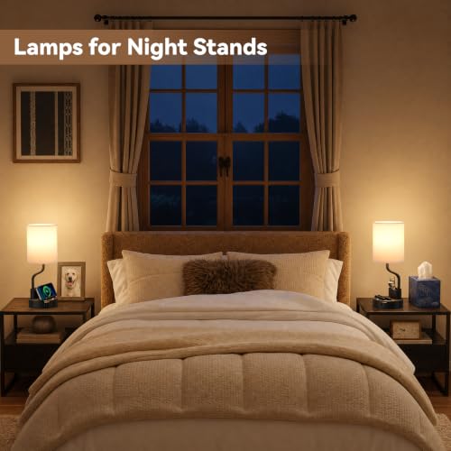 Fenmzee Bedside Lamps Set of 2 with USB & Outlets, Beige - Modern Nightstand Lighting