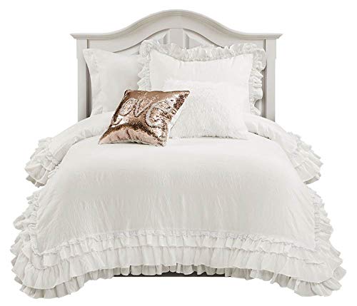 Twin Ivory Ruffle Lace Comforter Set - White Bedding with Ruffle & Lace Trim - Twin XL Variation