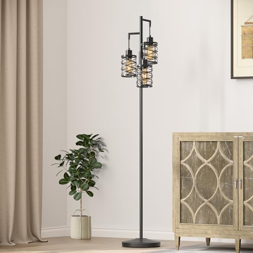 70-Inch Black Industrial Floor Lamp with 3 Dimmable Bulbs & Stepless Brightness