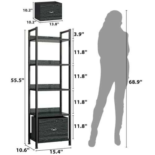 Furologee Black Oak 5-Tier Narrow Bookshelf with Drawer - Tall Storage Rack