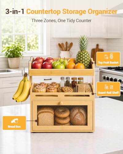 Bamboo Bread Box with Fruit Basket - Kitchen Countertop Organizer
