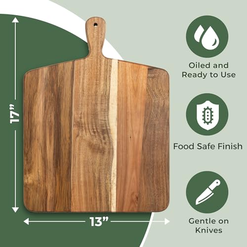 Square Acacia Wood Cutting & Serving Board - Large 17 x 13 Inches with Handle