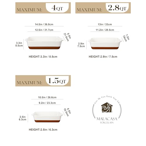 Ceramic Baking Dish Set of 3 - Rectangular Casserole Pans with Handles, Khaki White, Without Racks, Series TARA
