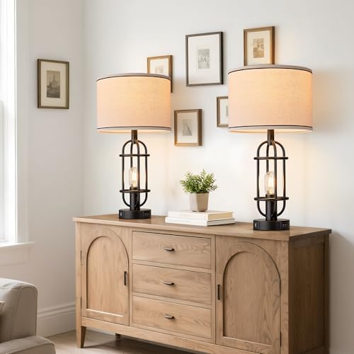 Reaketon 22.3” Farmhouse Table Lamps Set of 2 - Matte Black with USB Charging Ports