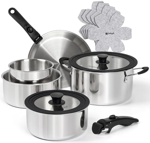 Tri-Ply Stainless Steel Cookware Set with Detachable Handles - Oven Safe, Induction Compatible, Space-Saving Design