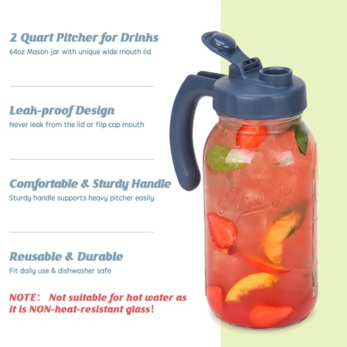 Glass Mason Jar Pitchers with Lids - 2 Quart Set in Navy & Yellow, Leak-Proof Drink Containers