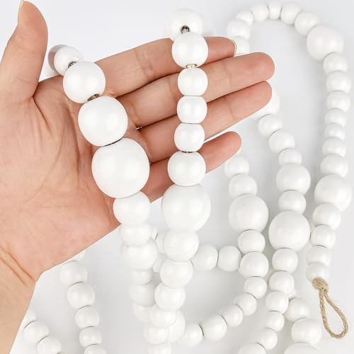 7ft White Wood Bead Garland - Rustic Christmas Decor, Tree & Mantel Accent (Brand: Woodeni) - 144 beads